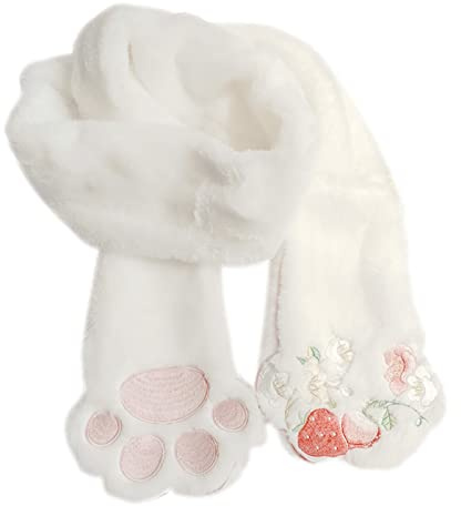 Bufanda de piel sintética para adolescentes y niñas, diseño de pata de gato, conjunto de guantes mullidos de una pieza, cuello suave y peludo, chal cálido de felpa esponjosa, blanco, Medium