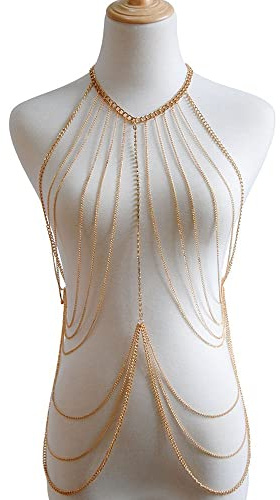LUMoony Damen Sexy Körperkette Körperschmuck Bodysuit Körperkette Kettenschmuck Bikini Lange Brustkette Strand Partykette BH Kette Partykette mehrschichtig Lange Brustkette Körper Bauch Schmuc