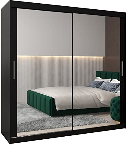 ABIKSMEBLE Tokyo 3 200 Armario de Dormitorios con Dos Puertas Correderas - Armario de Almacenamiento Moderno con Espejo, Perchero y Estantes - 200x200x62 cm - Negro Mate