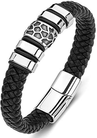 Dsnyu Armband Leder Paare, Schwarz Bettelarmband Junge mit Magnet Verschluss, 20CM Geflochten Charming Armband für Freund