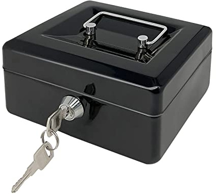 Steel Cash Box with Key Lock, Metal Small Money Organizer with Money Tray,Cash Storage Box with Lockable Cover (Black-15 * 12 * 8 CM)