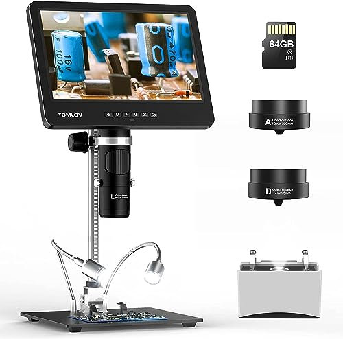 TOMLOV DM601 Triple Lens Digitales Mikroskop, HDMI LCD Mikroskop mit Bildschirm, 7 Zoll Lötmikroskop, Münzlupe mit Lichtern, Mikroskop mit Dias, 10 Stand, 64GB, Windows/Mac Kompatibel