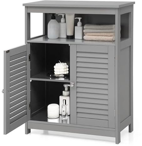 COSTWAY Badezimmerschrank grau, freistehender Badschrank Aufbewahrungsschrank mit 2 Rollladentüren, Küchenschrank Badkommode Holz für Bad Küche Wohnzimmer (Grau)