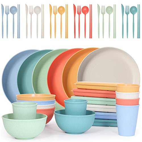 Becutlery Wheat Straw Dinnerware Sets, Unbreakable Dinnerware Set for 6,Reusable Lightweight Tableware Dinner Dishes, Bowls, Cups, tableware, 24pcs Dinnerware Microwave & Dishwasher & Kids Safe