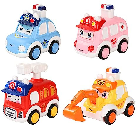 Wisplye Auto Spielzeug, 4 Stück Kinderspielzeug Press & Go Spielzeugautos Bagger Feuerwehrauto Aufziehauto Geschenke für Jungen und Mädchen ab 3 Jahre