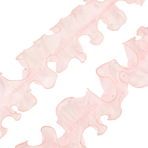 GORGECRAFT 4.6mx11cm Rosa Plissiertes Organzaband Mit Perlen Rüschen Spitzenbesatz geraffte Besätze Chiffonperlen Spitzenkantenbesatz Stoff Bekleidungszubehör Für DIY-Applikationen Nähen Basteln
