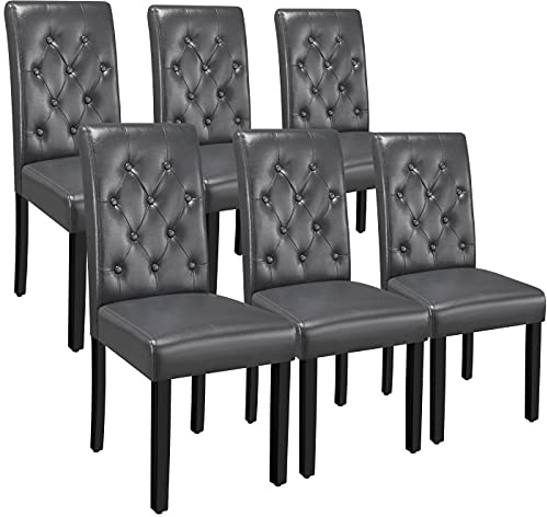 Yaheetech Esszimmerstühle 6er Set Polsterstuhl Beine aus Massivholz, Grau | Küchenstuhl mit hoher Rückenlehne, Gepolsterte Sitzfläche aus Kunstleder, bis 135 kg Belastbar, für Esszimmer/Wohnzimmer