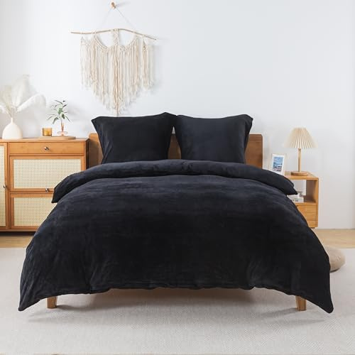 WUMIUER Set di biancheria da letto in pile 240x220 cm Nero 3 pezzi, biancheria da letto invernale in velluto di castoro calda e soffice, copripiumino e 2 federe per cuscino 80x80cm, morbido e caldo in