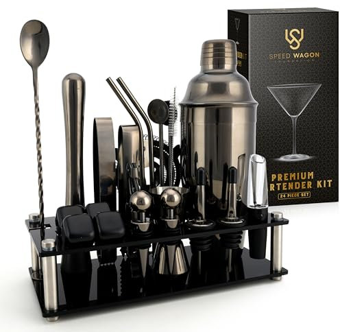 Speed Wagon Foundation - Kit da barista per cocktail metallo canna di fucile, 24 pezzi, shaker con supporto, accessori per casa e bar, misurino, bastoncino, cubetti di ghiaccio riutilizzabili e altro