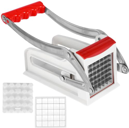 MENIBBLER Potato Chipper Chip Cutter, Stainless Steel French Fry Cutter with 25/49 Holes Spare Blades Dishwasher Safe, Manual Food Slicer Dicer Multifunction Vegetable Fruit Chipper for Potato Onion