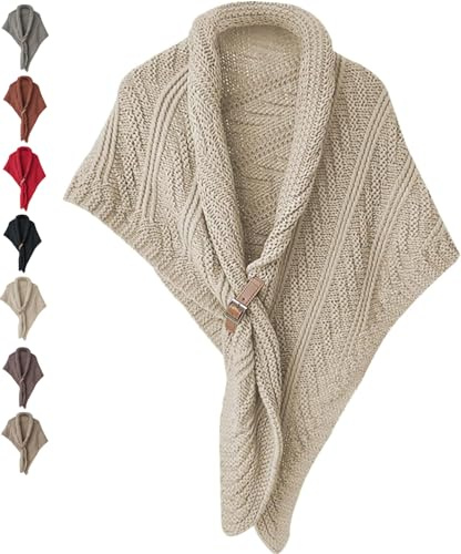 JASUBAI Multifunktionaler Dreiecksschal FüR Damen, Dreieckstuch Winter Warme Schal Und Wickel Beige Poncho, GehäKelter Schultertuch Umhang Dreieckstuch mit Lederschnalle (Beige)