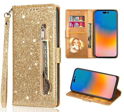 FERLAN Handyhülle für Xiaomi Redmi Note 10 Pro Hülle,Flip Case Lederhülle Reißverschluss Magnetverschluss Brieftasche mit 3 Kartenfächern Standfuntion Retro Matt Ledertasche,Glitzer Golden