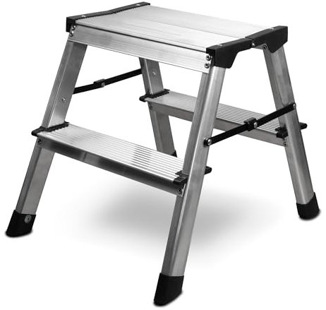 siwitec Trittleiter 2 x 2 Stufen, Alu Klapptritt, leichte Aluminium Leiter beidseitig begehbar, Haushaltsleiter bis 150 kg belastbar, Stufenleiter TÜV Zertifiziert