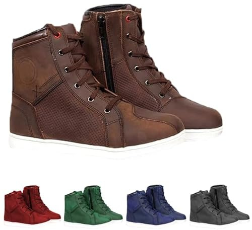 Vaster Moto Motorradstiefel für Herren, aus Leder, atmungsaktiv, verstärkt mit Knöchel, rutschfeste Sohle, Tourismusstiefel mit Schnürsenkeln, CE-geprüft, braun, 42 EU