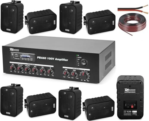 IMPIANTO AUDIO FILODIFFUSIONE CON INGRESSI MICROFONI 100V BLUETOOTH + 8 ALTOPARLANTI AUDIO (CON 8 CASSE DA PARETE NERE)