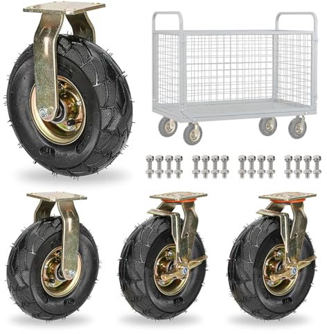 Schwerlast Lenkrolle Bockrolle 200mm 250mm, Leise Luftreifen Gummi Rollen, Ersatzrollen Für Trolleys Möbel Werkbank, Industrie Transportroller Mit Bremse, Schrauben & Metallplatten（4 Pcs） (Color : Fi