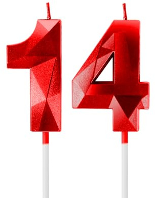 Yiran 3D Rot Geburtstagskerzen,Geburtstagskerzen Zahlen 14,Kuchendeko Geburtstag,Geburtstagskerzen für Geburtstagsdeko,Kuchen Dekoration für Männer, Frauen Geburtstag Jubiläen Party