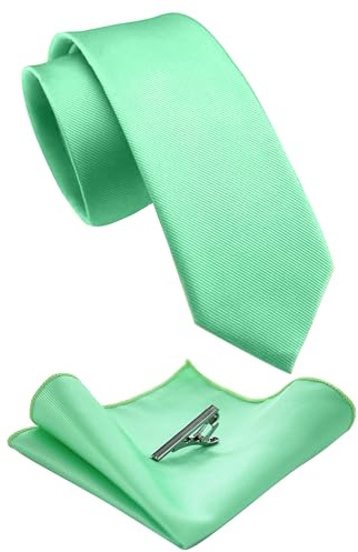 JEMYGINS Schmale Herren Krawatte und Einstecktuch krawattenklammer Set 6cm Minzgrün