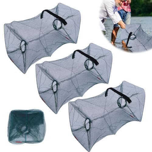 ZOYDP 3 Stück Fischreuse, Reusen für Fischfang, Faltbar Reuse, Krebsreuse Aalreuse mit Futterbeutel, Köderfischreuse, Fischfalle für Fisch, Flußkrebse, Hummer, Krabbe, Eckig 50 x 20 cm