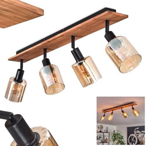 HOFSTEIN Deckenleuchte Aggebu, Deckenlampe aus Metall/Holz/Glas in Schwarz/Natur/Bernstein, verstellbare Leuchte im Retro/Vintage-Design (Ø Schirme 8 cm), 4 x E14, Esszimmer, Schlafzimmer, Wohnzimmer