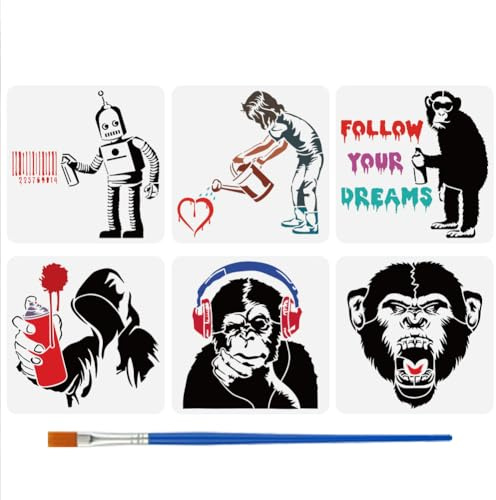 FINGERINSPIRE 6 Stück Banksy Graffiti Schablonen 30x30cm Mit Bambusbürste - Schimpanse, Affe, Roboter, Mensch, Kopfhörer, Wasserkocher, Herz Vorlagen - Banksy Themen