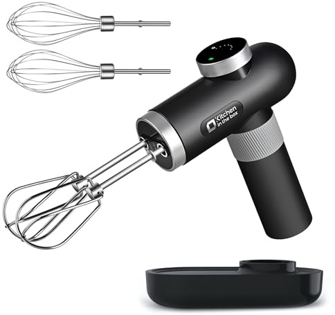 Kitchen in the box Mélangeur à main rechargeable sans fil pour cuisine, mixeur électrique portable avec batteurs, fouets, affichage numérique à 6 vitesses, base de charge et câble de charge USB-C