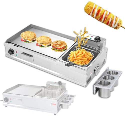 PGKTKCWH Commercial Electric Griddle with Fryer, Countertop Flat Top Grill Frying Pan with Seasoning Rack, Breakfast Griddle Deep Fryer,Small
