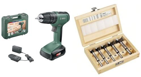Bosch Home and Garden Cordless Combi Drill UniversalImpact 18 (1 battery, 18 Volt System, in carrying case) + 5-piece tungsten carbide hinge cutting bit set (Ø 15/20/25/30/35 mm)