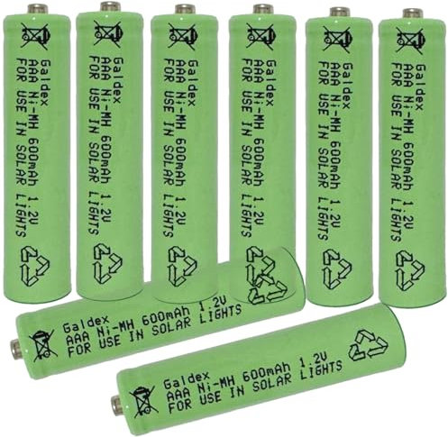 Galdex 8 Pack AAA Rechargeable Solar Light Batteries 1.2V 600mAh Ni-MH Pre-Charged Double A Solar Battery for Indoor Outdoors use in Garden Lawn Lamps, String Lights (AAA 600mAh, 8 Pack)