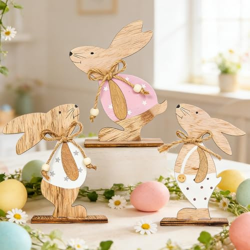 Scinzene 3 Stück Osterhase Deko Set – Osterdekoration Tisch Aus Holz, Stilvolle Osterdeko Tisch, Osterdeko Holz, Ostern Deko Für Wohnzimmer, Küche & Büro, Deko Ostern Natürlich, Ostergeschenke