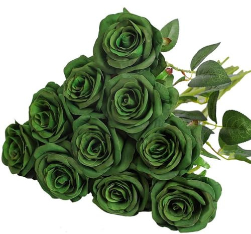 10 PCS Artificial Green Roses - Lifelike Silk Flowers Bouquet for Bridal Wedding Decor, Realistic Floral Arrangements for Home Garden Party Decorations, Indoor Outdoor Elegant Table