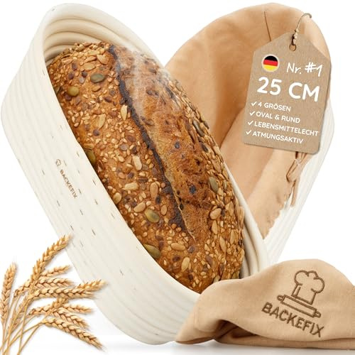 Backefix 25 cm oval jäsningskorg | oval jäsningskorg för bröd upp till 1 000 g deg | med linneduk, naturlig korg, förlängd brödform för surdeg och deg