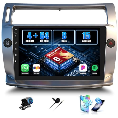 Android 15, 4G+64G 8 Core GOHHDL Qualcomm Rradio para Citroen C4 2004-2009/C-Quatre 2008-2011 con Carplay Android Auto, Pantalla de Coche de 9 Pulgadas 2Din con GPS WiFi BT FM/RDS DSP SWC Cámara Mic