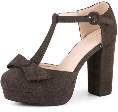 Allegra K Zapatos de salón con Correa en T y tacón en Bloque con Punta Redonda para Mujer Marron Oscuro 37.5