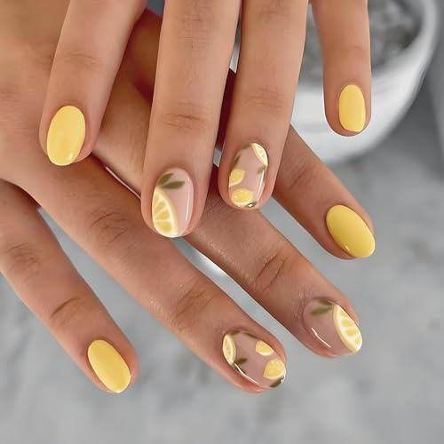 Lot de 24 faux ongles courts ovales jaunes à coller – Ensemble adhésif réutilisable pour femmes et filles, avec accents de tranche de citron, finition brillante, application facile en 12 tailles