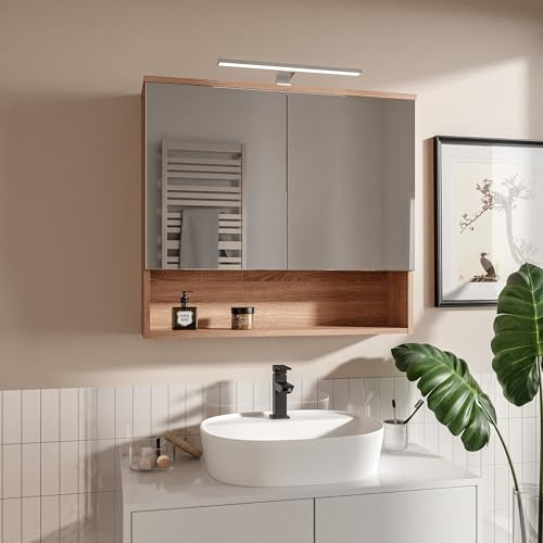 HAJDUK FURNITURE Spiegelschrank Bad 78x70 cm Eiche Sonoma mit 2 Spiegeltüren LED Aufsatzleuchte im Chromgehäuse Grifflose Öffnung Ablagen Hängeschrank Badezimmer