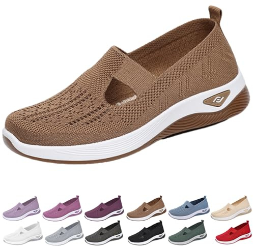 Wang Damai Women's Orthopedic Walking Shoes,Woven Breathable Orthowalkway Womens Sneakers,Lightweight Non-Slip Arch Support Slip on Shoes Brown 39