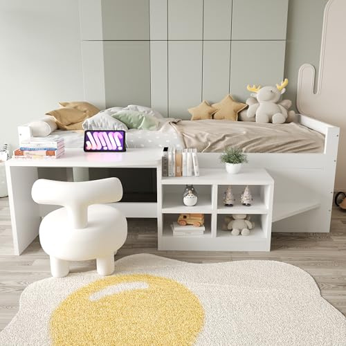 Idemon Kinderbett 90×200 cm, mit Staufächern Schreibtisch mit Steckdosen nach europäischer Norm Einzelbett Holzbett Weiß