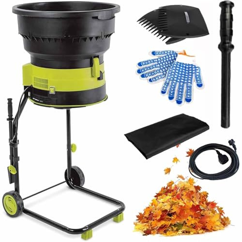 Electric Garden Shredder Mulcher with Wheels, Storage Bag, and Leaf Rake for Yard Cleanup and Composting