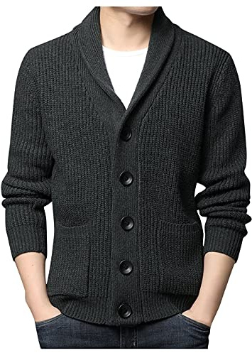 Generisch - Cardigan da uomo con collo sciallato, con abbottonatura, maglione, slim fit, pullover pesante, scollo a V, giacca invernale, con tasche, pullover invernale, grigio scuro., L