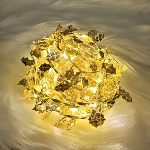 MUCHER Guirnalda de 50 luces LED micro LED de color blanco cálido, funciona con pilas, 5 m, guirnalda de luces de hiedra para boda, balcón, pared, dormitorio, decoración del hogar (hojas de Navidad)