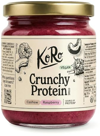 KoRo - Crema spalmabile proteica ai lamponi crunchy vegan 500 g - 62% di frutta secca - Senza olio di palma - Fonte di proteine vegetali