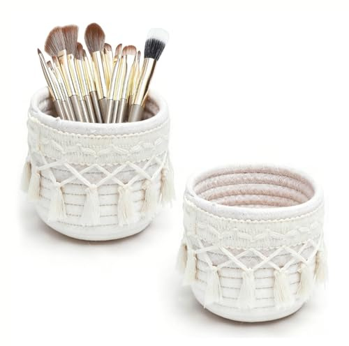 2 Stück Makramee Make-up-Pinselhalter, Boho Aufbewahrungskorb 10x10 cm aus Baumwollseil, Mini Kosmetik Organizer und Stiftehalter für Schminktisch, Bad, Büro, Elfenbein