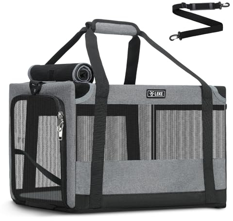 Lekesky Transportbox Katze Stabiler Halt Haustier Tragetasche, Katzentasche Transporttasche Faltbar Katzen Tasche für Katzen und Kleine Hunde, Grau, L