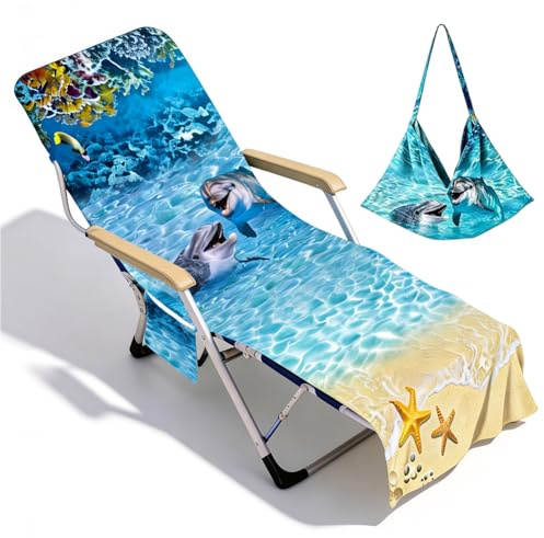 Fouvin Ozean Schonbezug für Gartenliege, Mikrofaser Frottee Liegenauflage, Schnelltrocknend Sonnenliege Handtuch mit 2 Taschen, Strandtuch für Schwimmbäder, Strände, Gartenhotels, 75x210cm (Delfin)