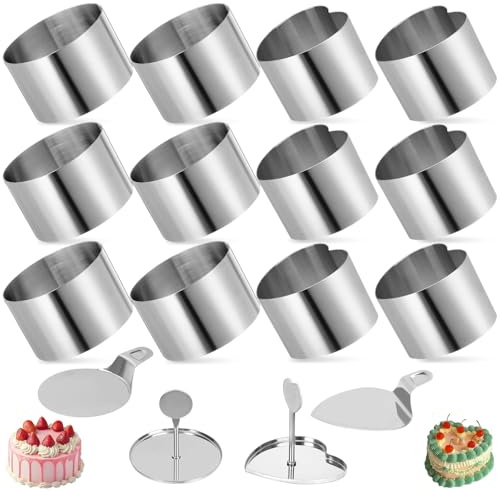 12 stycken tårtringar med 2 lock och 2 baser, bakformar i rostfritt stål, matform Ø 7,5 cm, set med rund ring, dessertringar för mus, desserter, kakor, kakor, bakning