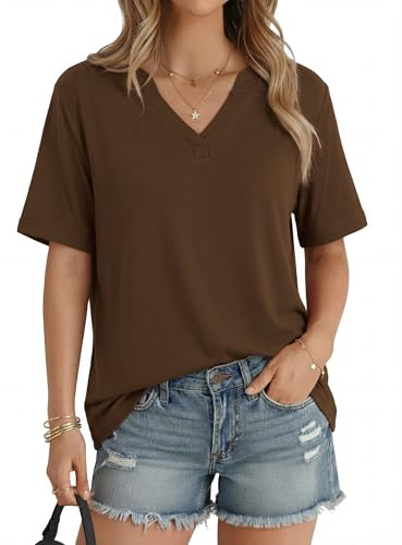 Aottori Maglia Donna Manica Corta Maglietta Scollo a V Elegante T-Shirt Tinta Unita Estiva Ampia Top Basic Moda Tee Shirt Traspirante Causal Marrone S