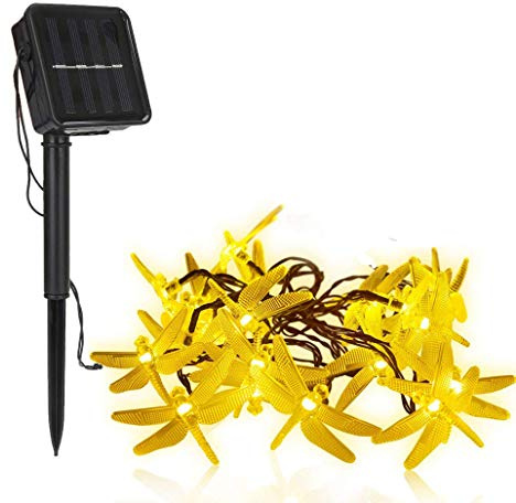 DINOWIN 30 LED libélula Solar Powered luz de hadas, 6 metros Solar cadena luces, Exterior Guirnaldas luminosas,para jardín,boda,decoración de hogar, fiesta (blanco cálido)