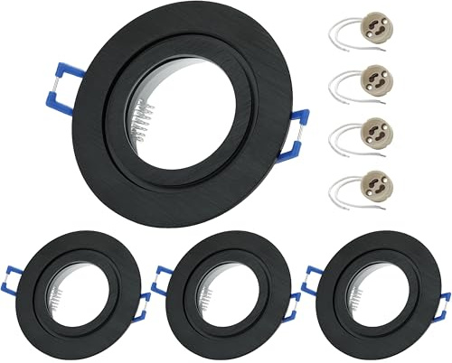 Sweet Led 4x Einbaurahmen Bad für Einbaustrahler 230V IP44, Aluminium Schwarz gebürstet rund, mit GU10 Keramik Fassung, Deckenspots Rahmen fürs Badezimmer – passend für LED Spots