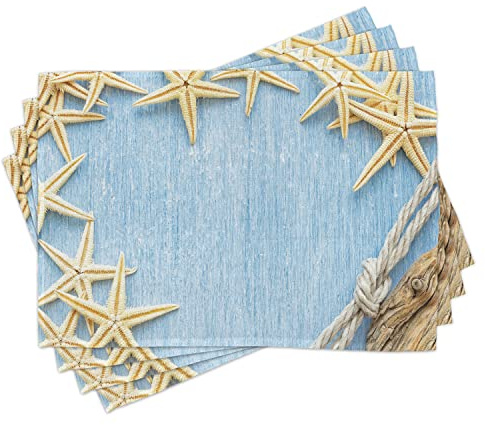 ABAKUHAUS Muscheln Platzmatten, Maritime Beach Shell, Waschbare Stoff Esszimmer Küche Tischdekorations Digitaldruck, Blau Creme